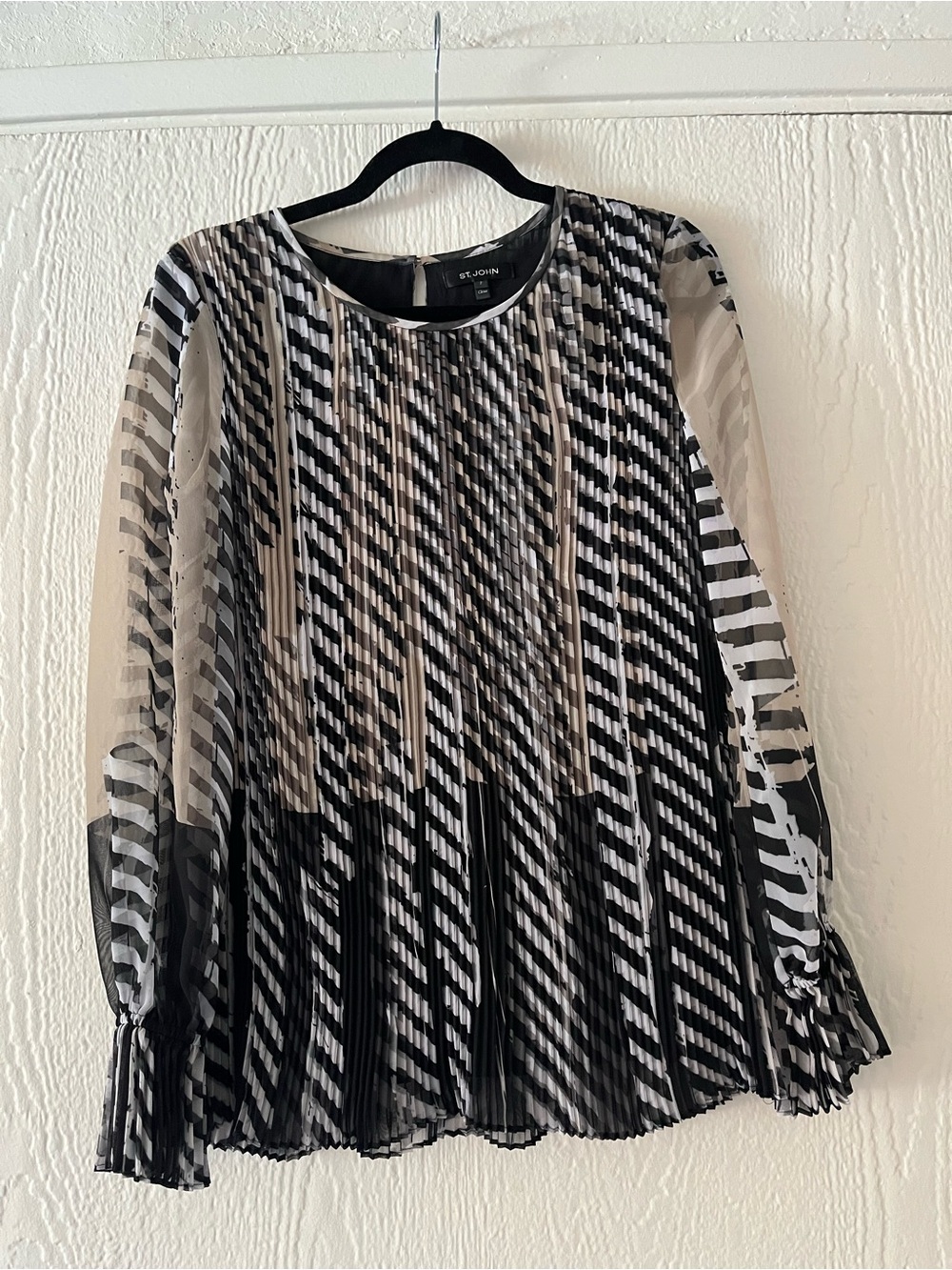 St. John Black and Cream Pleated Sheer Blouse
